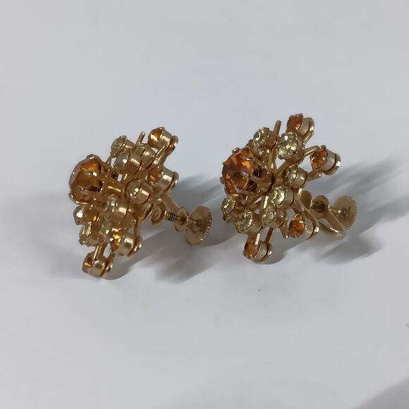 Coro Vtg Screwback Earrings Rhinestone Snowflake Cluster Gold Amber Tone Sparkle - Picture 5 of 8